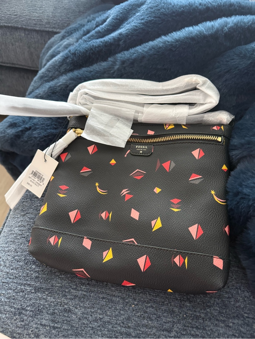 Fossil Black Crossbody Bag with Pink & Yellow Geometric Accents
